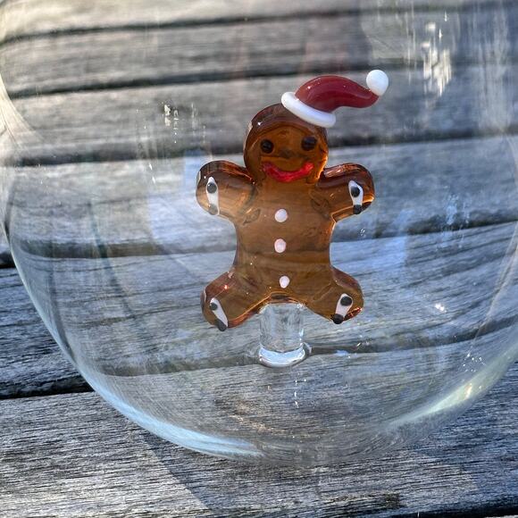 New Handblown Glass Stemless Wine Glass Decorated Gingerbread Man Holiday Décor - Picture 2 of 11